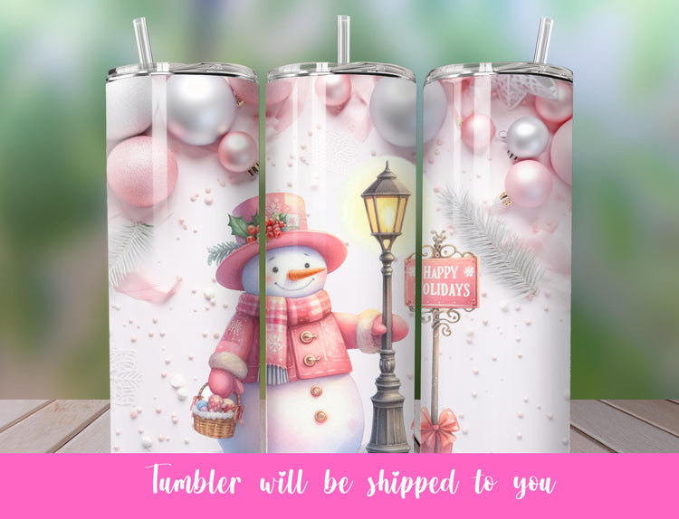 Cute Pink Christmas  20 ounce skinny tumbler | Pink Christmas Tumbler | Frosty the Snowman Tumbler