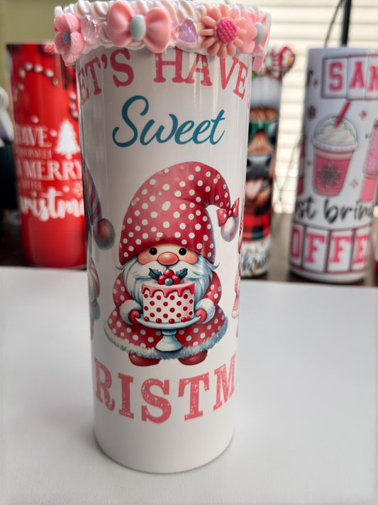 Cute Gnome Christmas 20 ounce skinny tumbler | Pink Christmas Tumbler | Christmas Gnome Tumbler with charms and rhinestones