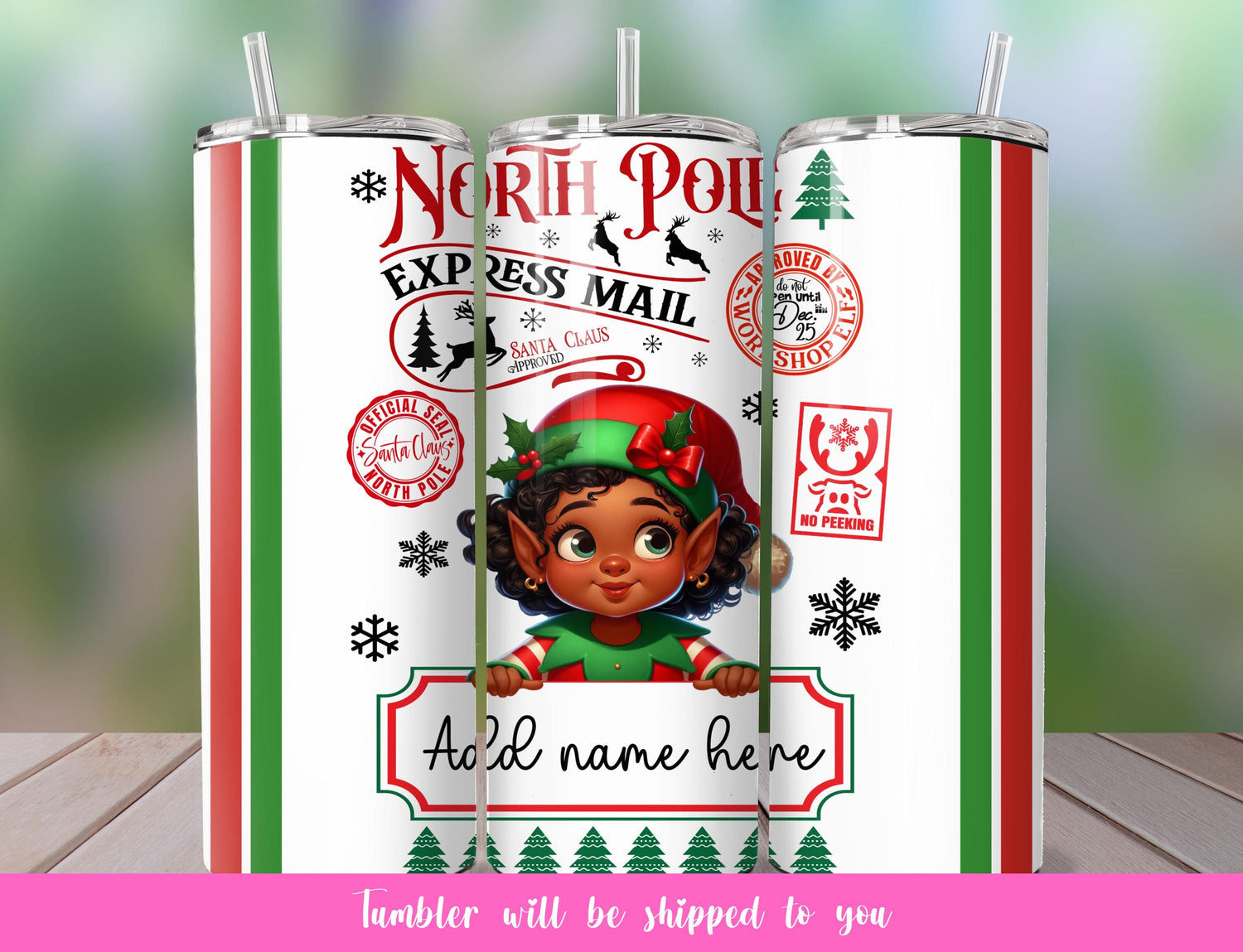 custom North Pole tumbler with female elf