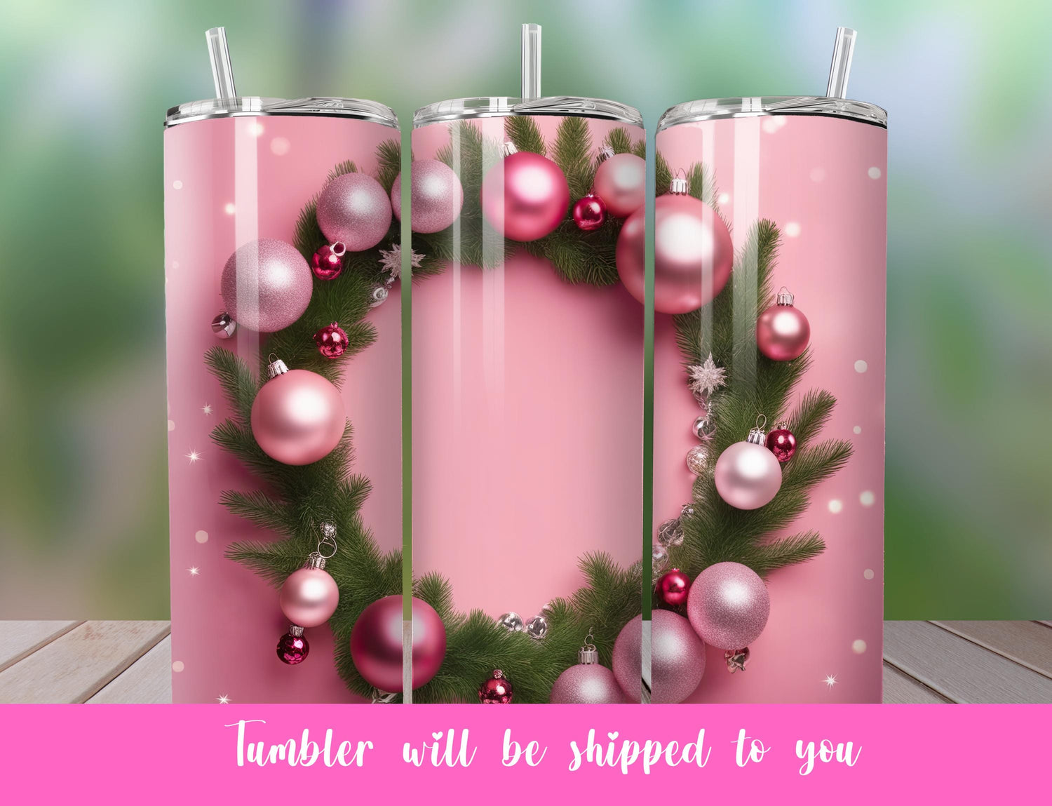 cute pink Christmas wreath tumbler