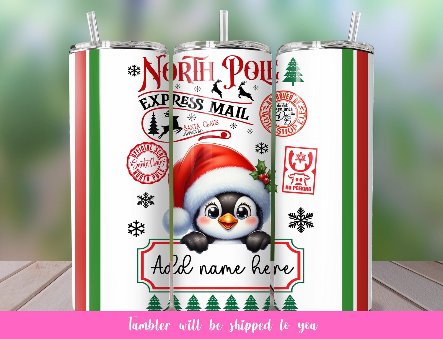 custom North Pole tumbler with penguin