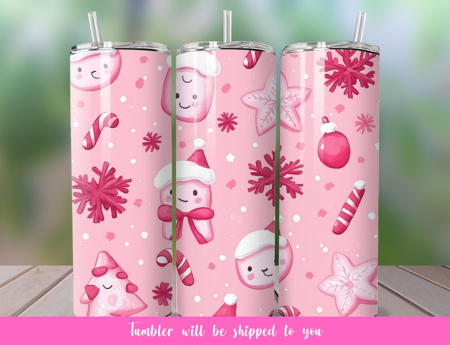 Cute pink christmas tumbler with cartoon Christmas images