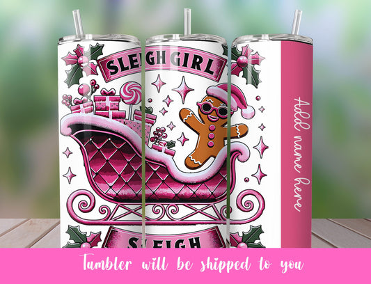 Pink Sleigh Girl Sleigh Christmas Tumbler Festive Glitter Drinkware | Pink Christmas Tumbler