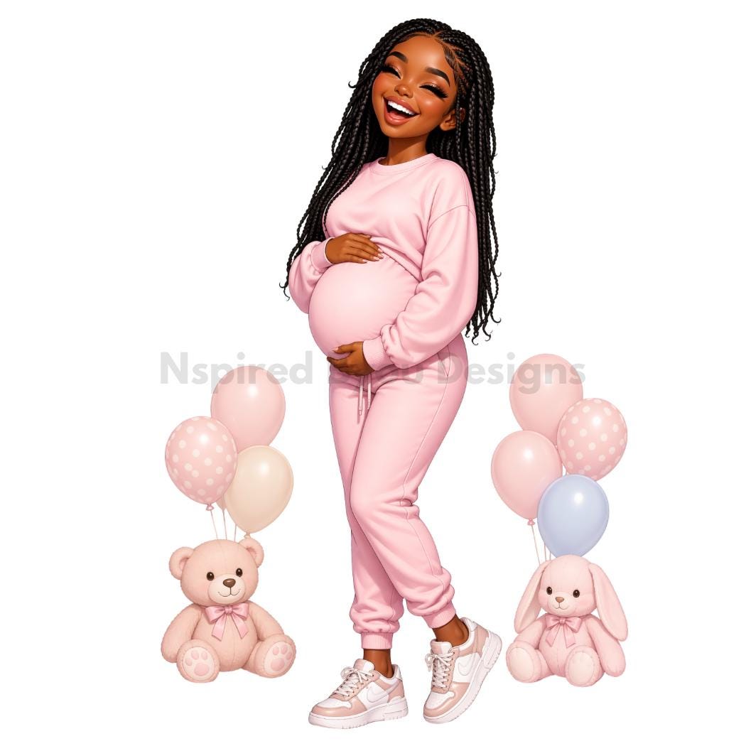 cute African American pregnant chibi woman and kids digital download