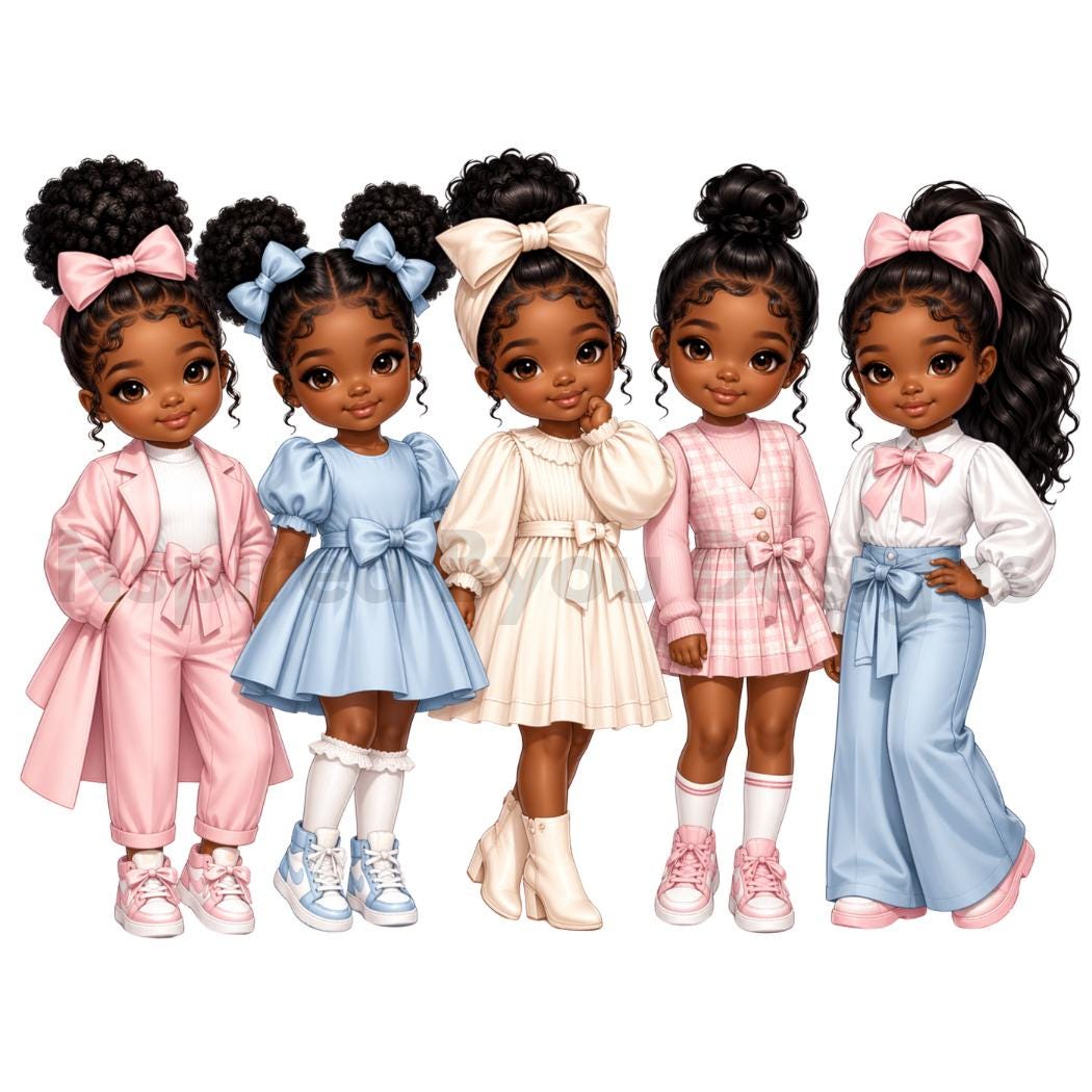 cute African American pregnant chibi woman and kids digital download