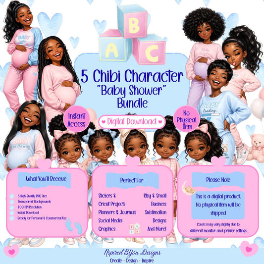 cute African American pregnant chibi woman and kids digital download