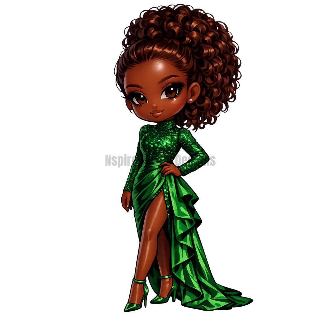 Chibi Fashion Doll Illustration | Black Girl Luxury Gown Art | African American Glam Character | Cute High Fashion Clipart | Digital Downloa - Inspired BYou Home Decor