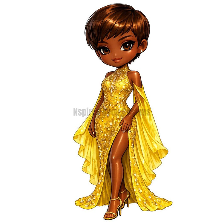 Chibi Fashion Doll Illustration | Black Girl Luxury Gown Art | African American Glam Character | Cute High Fashion Clipart | Digital Downloa - Inspired BYou Home Decor