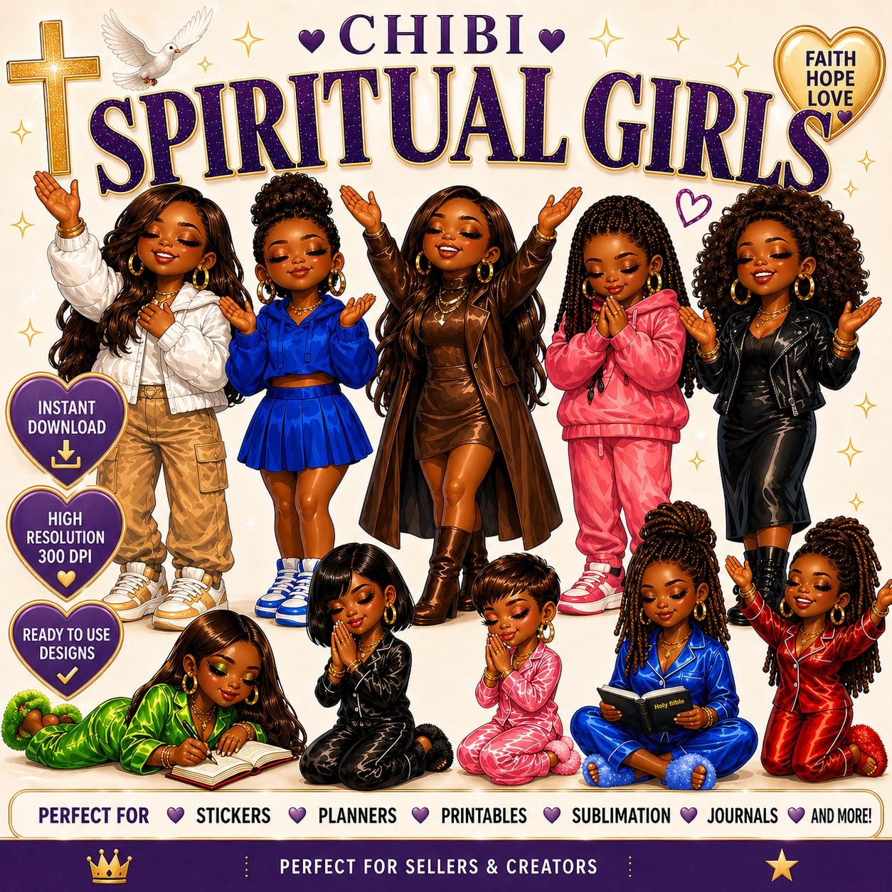 black girl chibi art faith and worship digital downloads