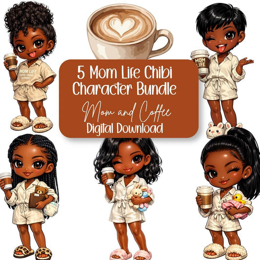 cute African American mom life chibi digital downloads