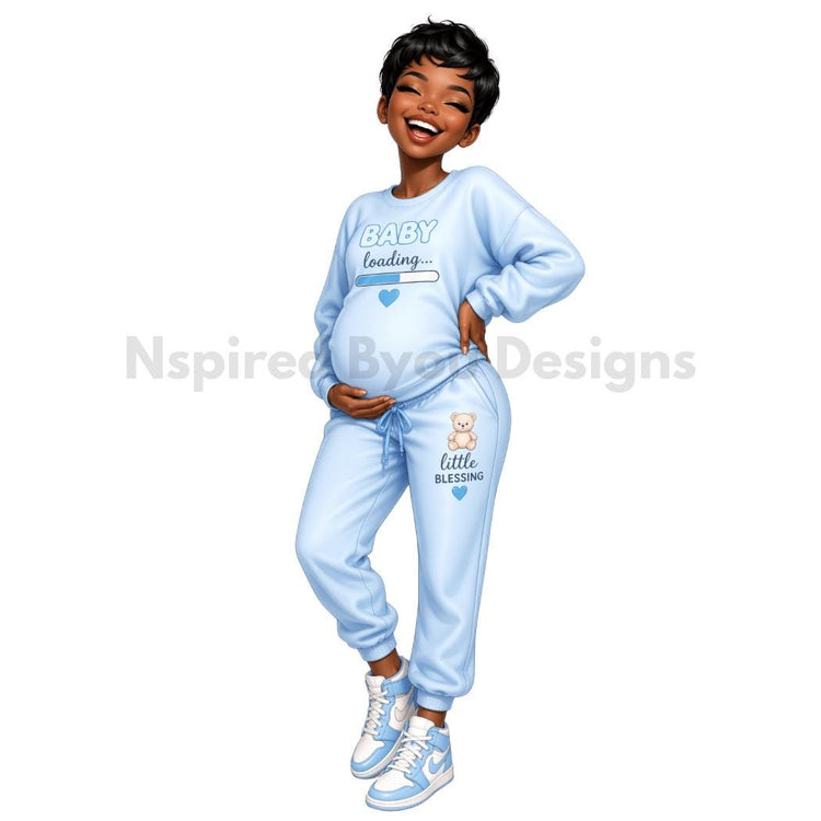 cute African American pregnant chibi woman and kids digital download