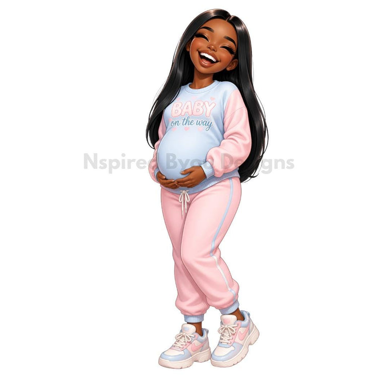 cute African American pregnant chibi woman and kids digital download