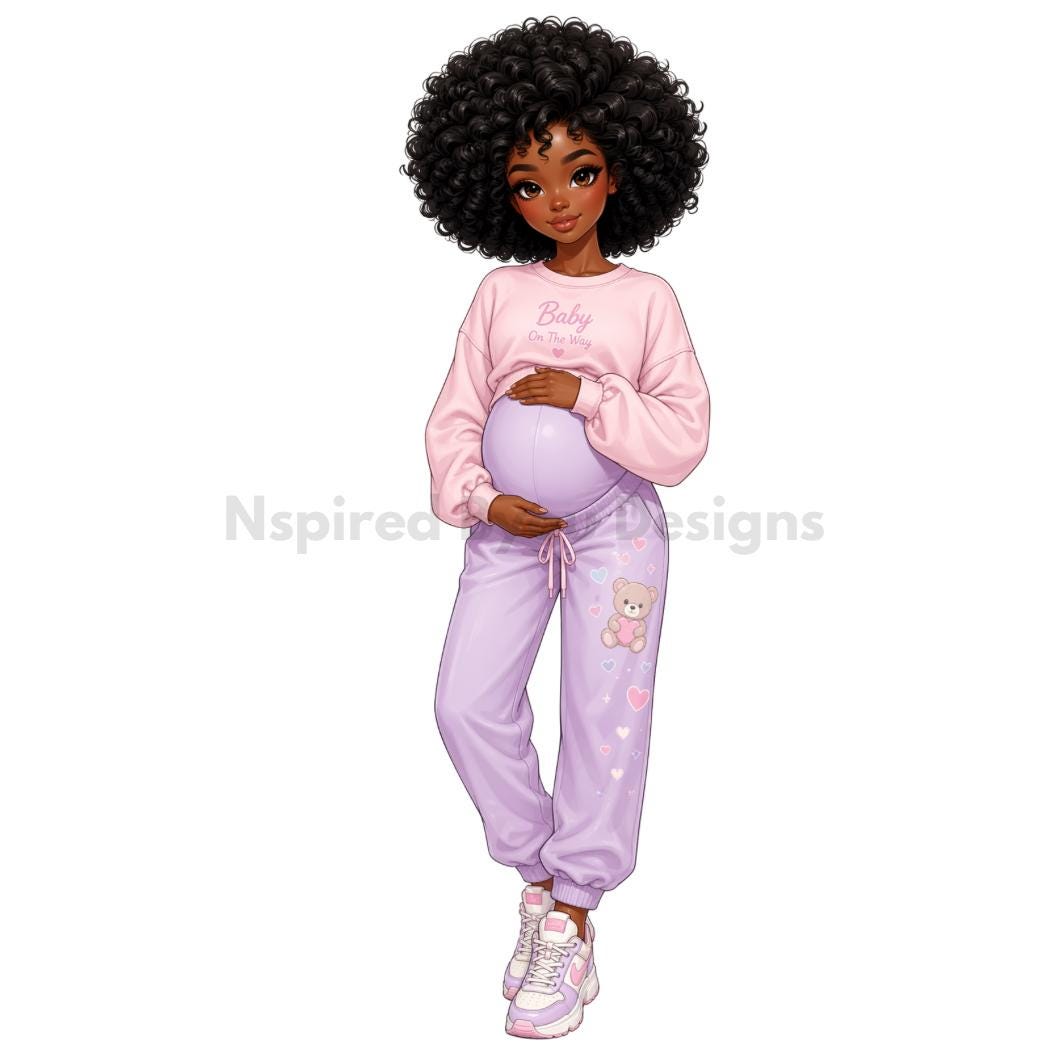 cute African American pregnant chibi woman and kids digital download