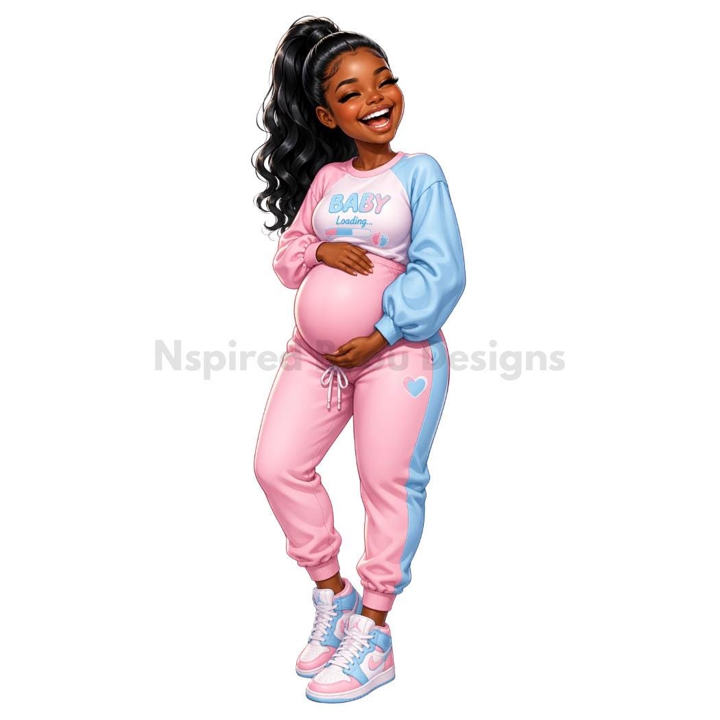 cute African American pregnant chibi woman and kids digital download