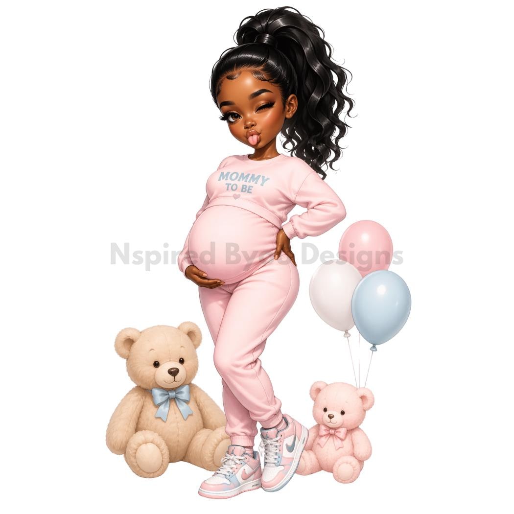 cute African American pregnant chibi woman and kids digital download