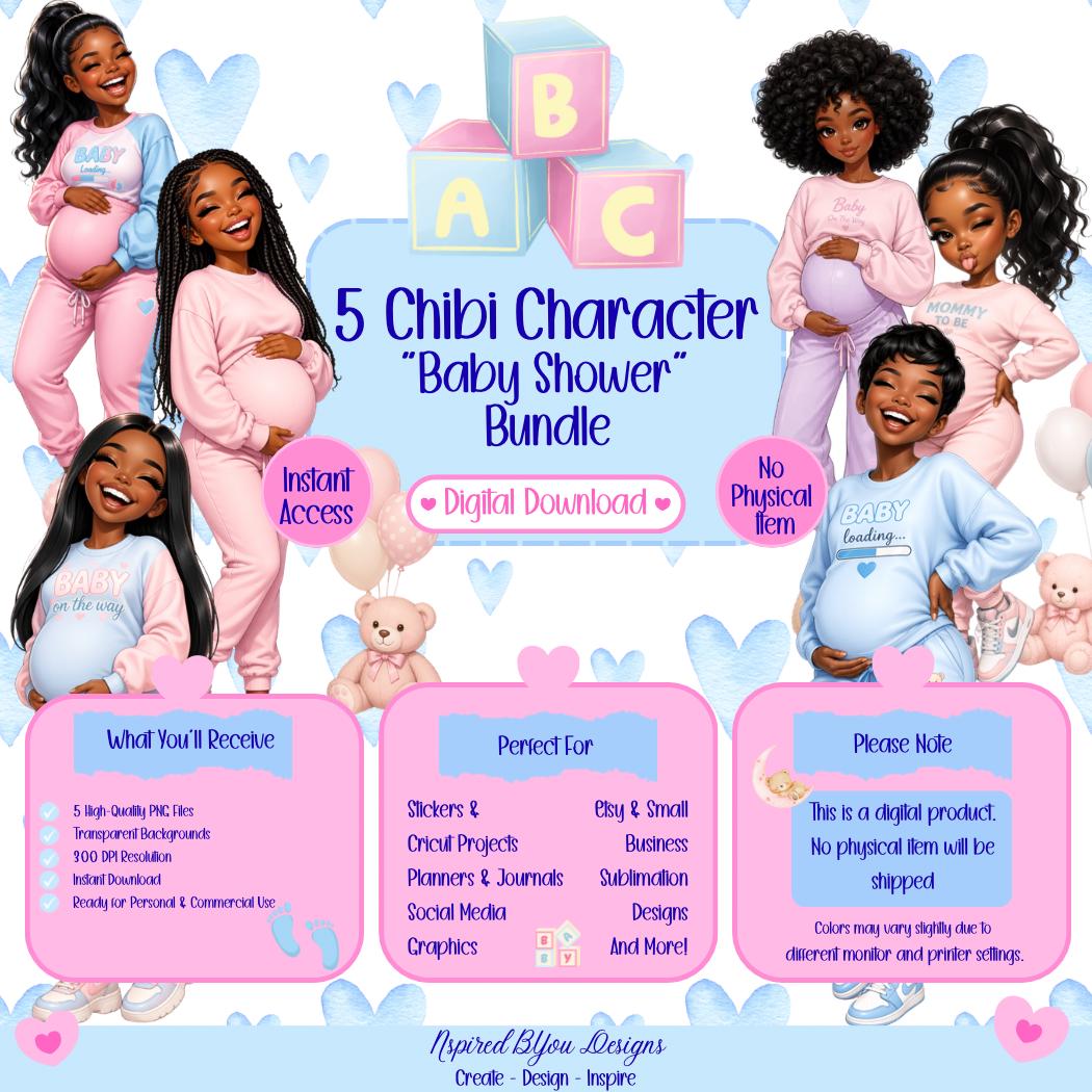 cute African American pregnant chibi woman and kids digital download