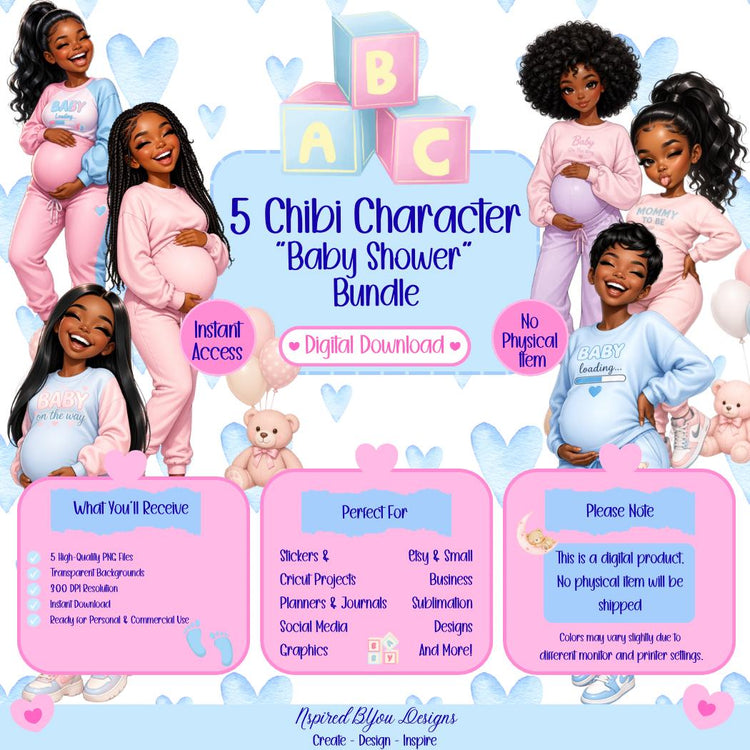 cute African American pregnant chibi woman and kids digital download