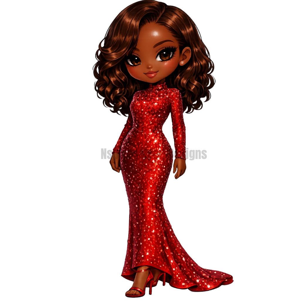 Chibi Fashion Doll Illustration | Black Girl Luxury Gown Art | African American Glam Character | Cute High Fashion Clipart | Digital Downloa - Inspired BYou Home Decor