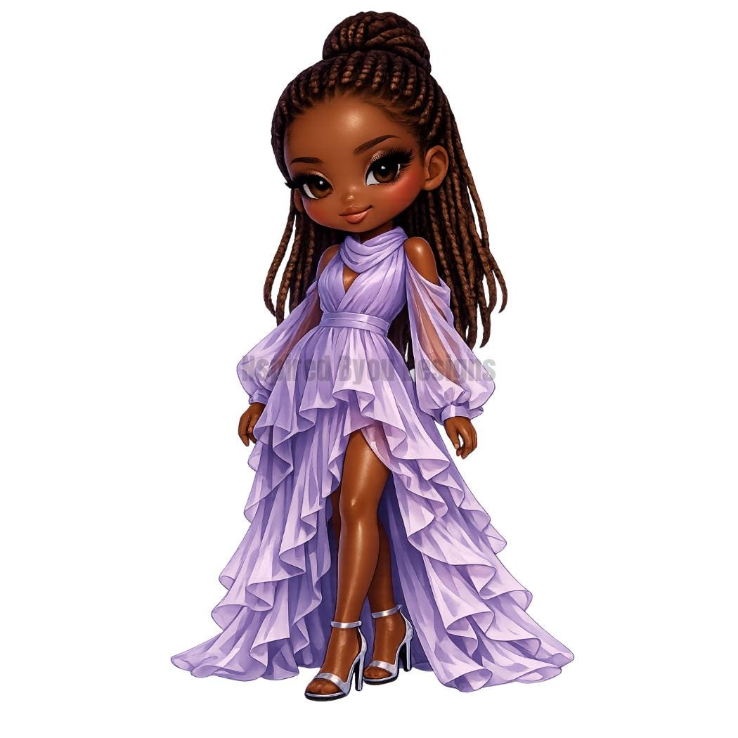 Chibi Fashion Doll Illustration | Black Girl Luxury Gown Art | African American Glam Character | Cute High Fashion Clipart | Digital Downloa - Inspired BYou Home Decor
