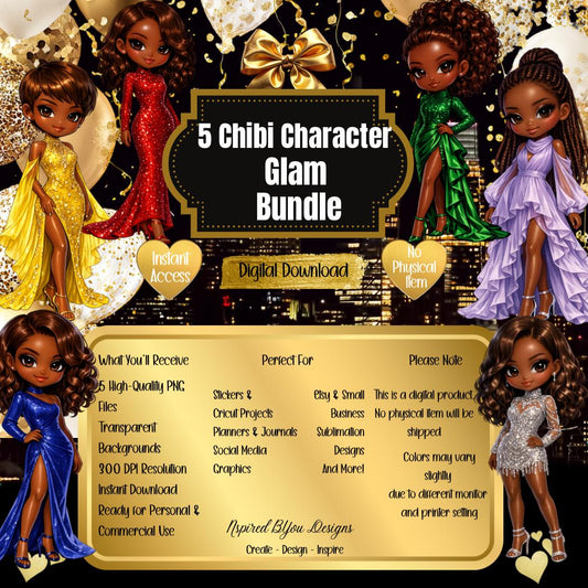 Chibi Fashion Doll Illustration | Black Girl Luxury Gown Art | African American Glam Character | Cute High Fashion Clipart | Digital Downloa - Inspired BYou Home Decor