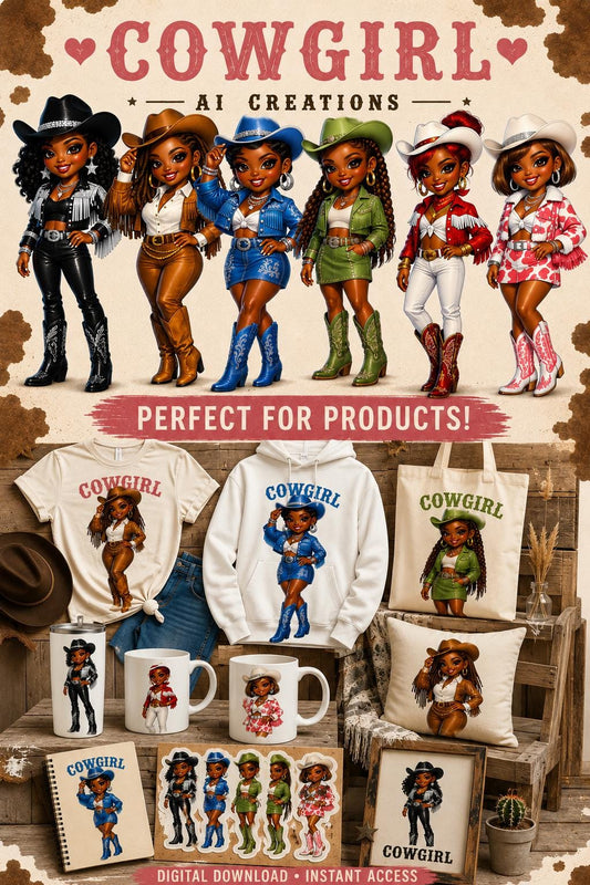 Black Cowgirl PNG | Western Chibi Girl Clipart | Cute AI Cowgirl Sublimation Designs | Digital Download for Shirts Tumblers Stickers - Inspired BYou Home Decor