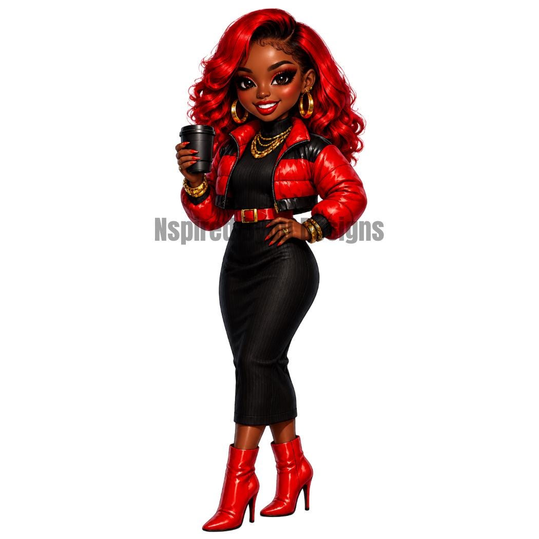 black girl chibi coffee girl stickers and clipart, black woman holding cup of coffee