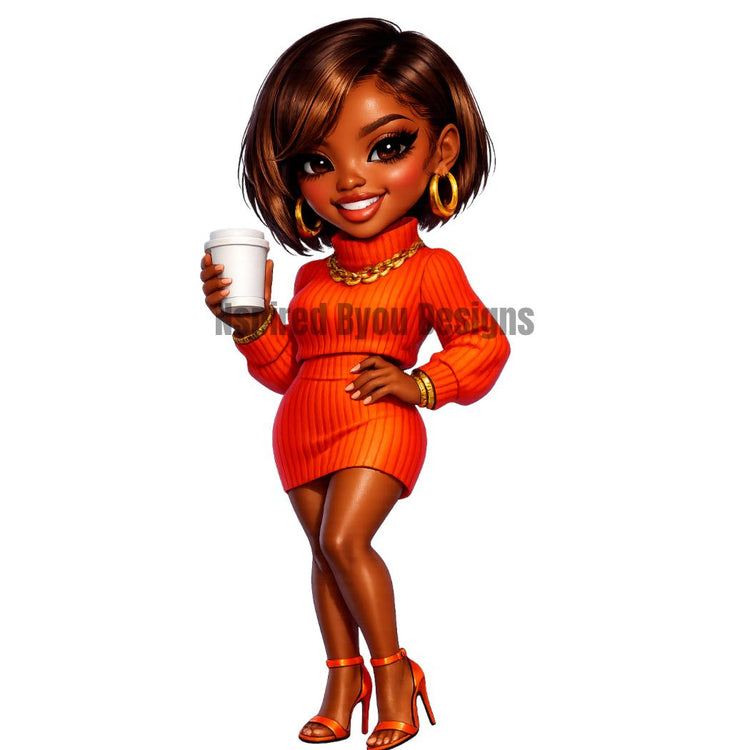 black girl chibi coffee girl stickers and clipart, black woman holding cup of coffee