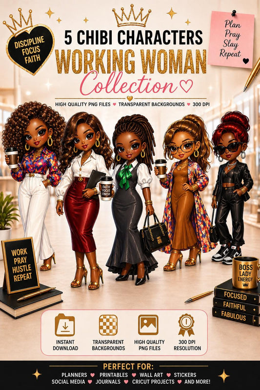 Black Girl Boss Clipart, Chibi Working Woman PNG, Melanin Office Ladies, Boss Lady Digital Download, Planner Stickers, Afro Woman Art - Inspired BYou Home Decor