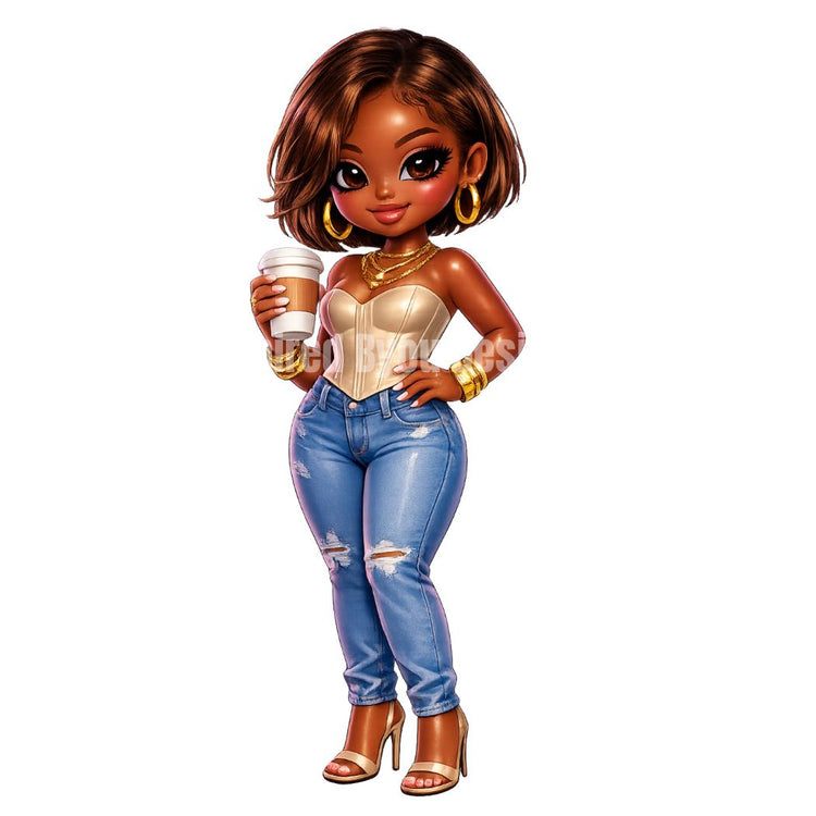Coffee Girl Chibi PNG Collection, Black Girl Clipart, Coffee Lover PNG, Cute Coffee Black Chibi Characters, Melanin Chibi Art - Inspired BYou Home Decor