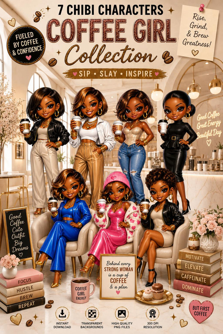Coffee Girl Chibi PNG Collection, Black Girl Clipart, Coffee Lover PNG, Cute Coffee Black Chibi Characters, Melanin Chibi Art - Inspired BYou Home Decor