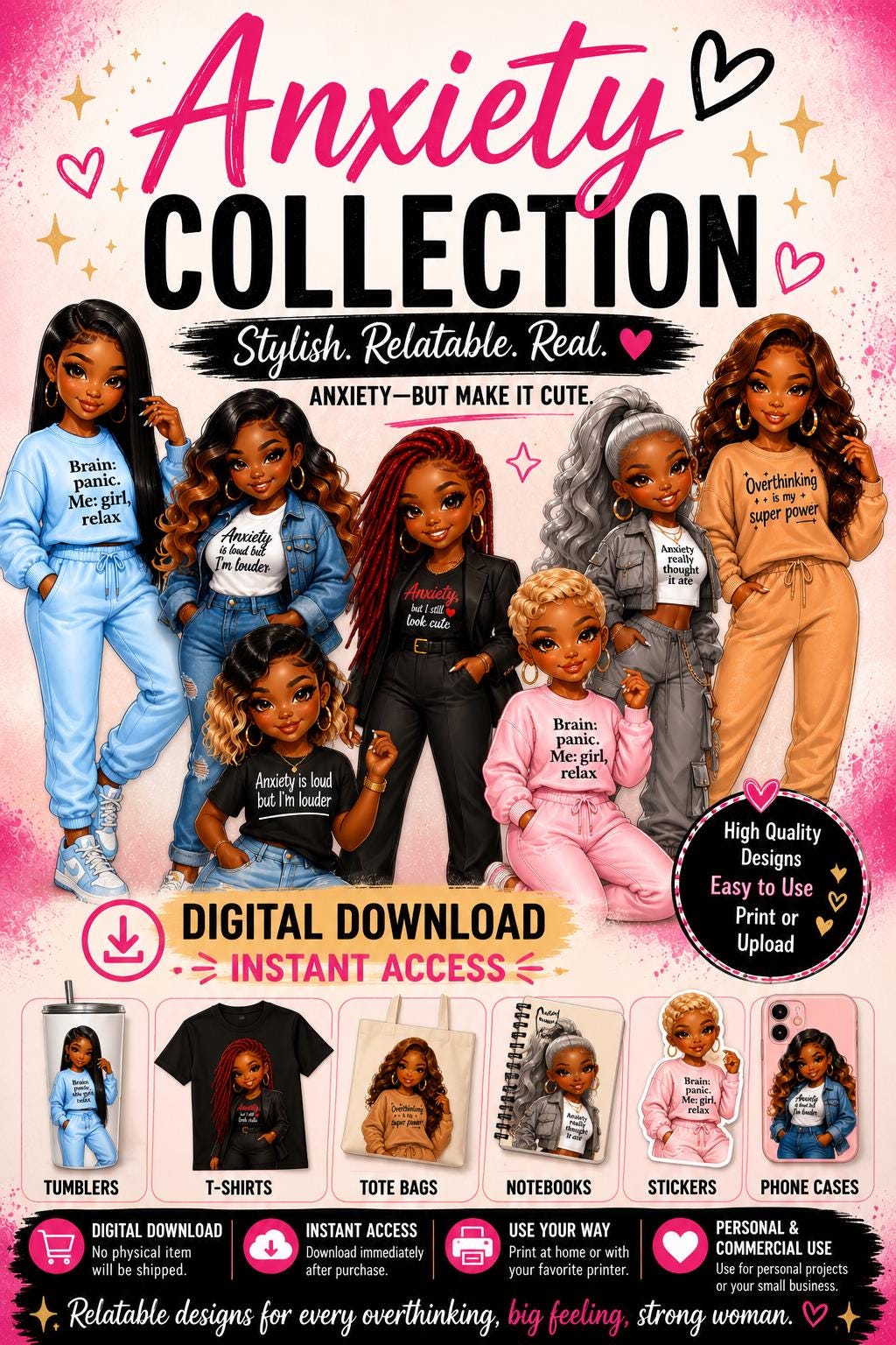 Anxiety PNG Bundle, Black Girl Digital Download, Cute Anxiety Quotes PNG, Afro Girl Clipart, Tumbler Design, T-Shirt Design, Sticker PNG - Inspired BYou Home Decor