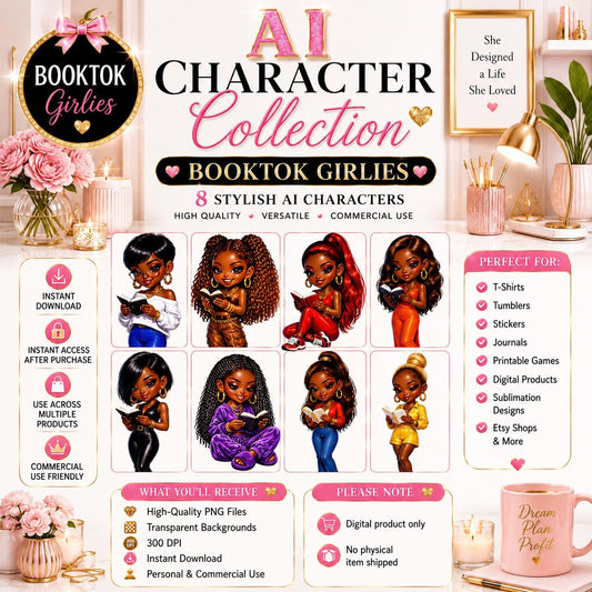 BookTok Girlies AI Character Collection PNG Bundle | Black Girl Digital Clipart | Cute AI Girls | Sublimation Designs