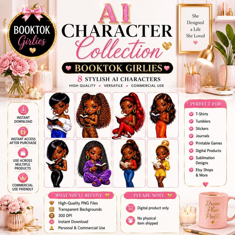 BookTok Girlies AI Character Collection PNG Bundle | Black Girl Digital Clipart | Cute AI Girls | Sublimation Designs