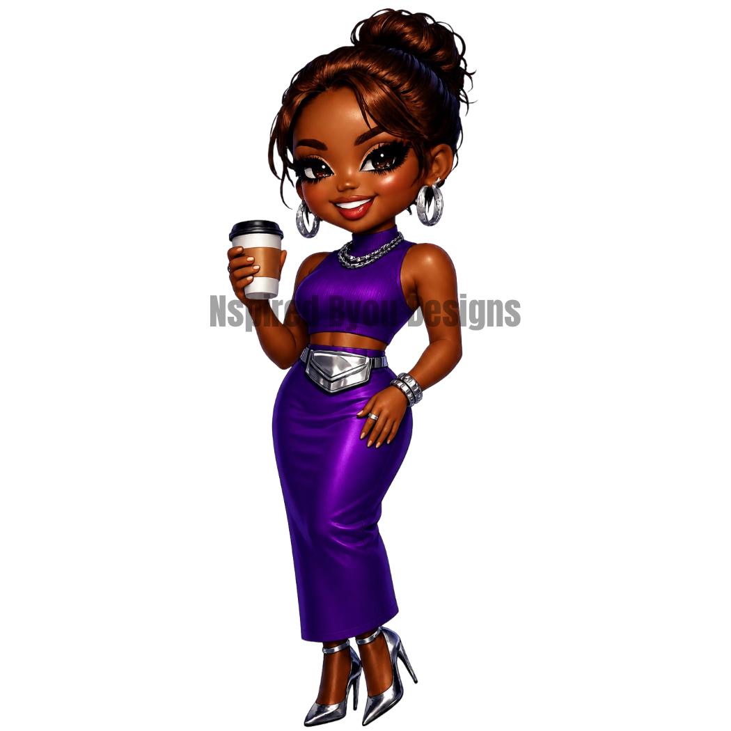 black girl chibi coffee girl stickers and clipart, black woman holding cup of coffee