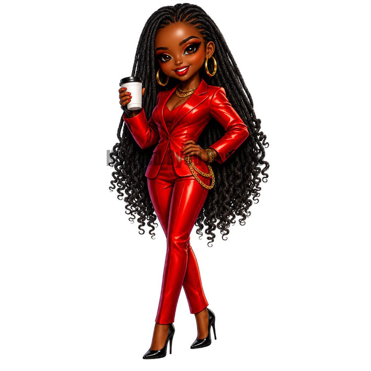 black girl chibi coffee girl stickers and clipart, black woman holding cup of coffee