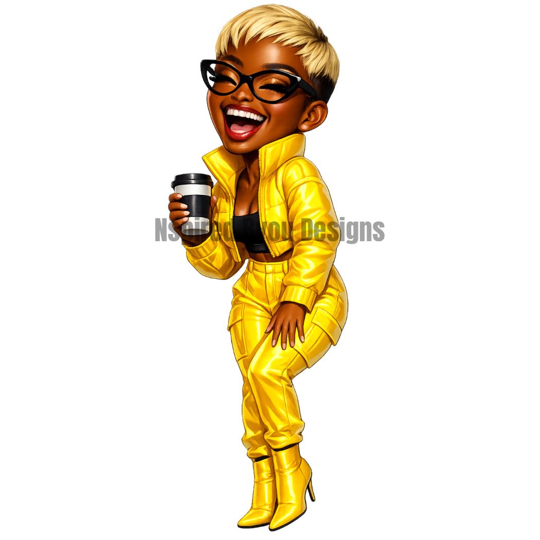 black girl chibi coffee girl stickers and clipart, black woman holding cup of coffee