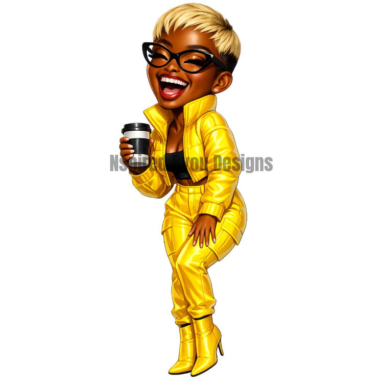 black girl chibi coffee girl stickers and clipart, black woman holding cup of coffee