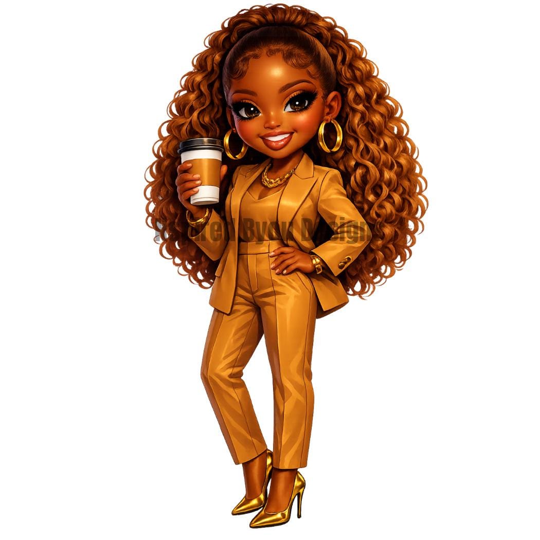black girl chibi coffee girl stickers and clipart, black woman holding cup of coffee