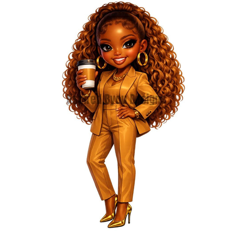 black girl chibi coffee girl stickers and clipart, black woman holding cup of coffee