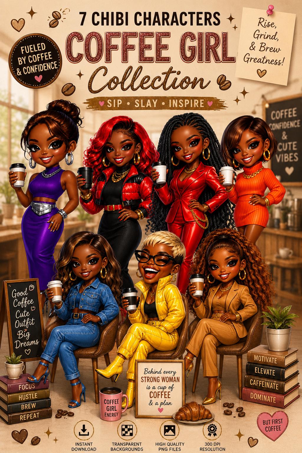 black girl chibi coffee girl stickers and clipart, black woman holding cup of coffee