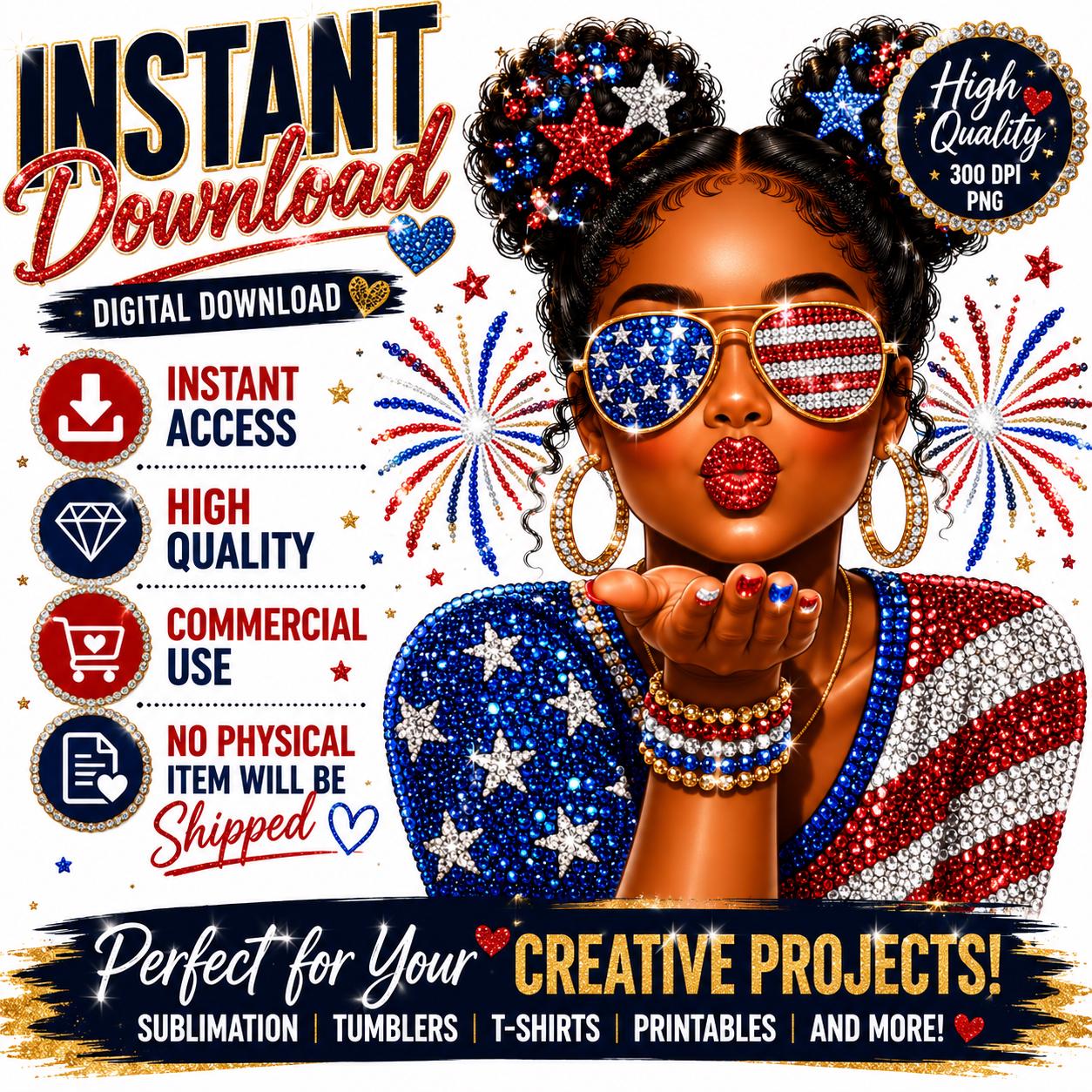 4th of July Black Woman Faux Bling PNG, Faux Bling Patriotic Clipart, Black Girl Fourth of July Design - Inspired BYou Home Decor