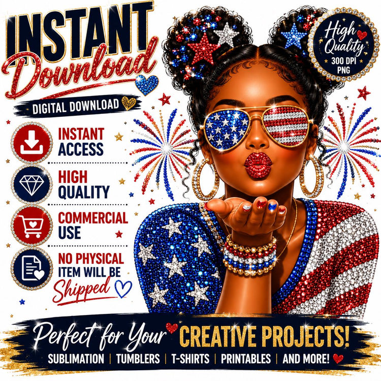 4th of July Black Woman Faux Bling PNG, Faux Bling Patriotic Clipart, Black Girl Fourth of July Design - Inspired BYou Home Decor