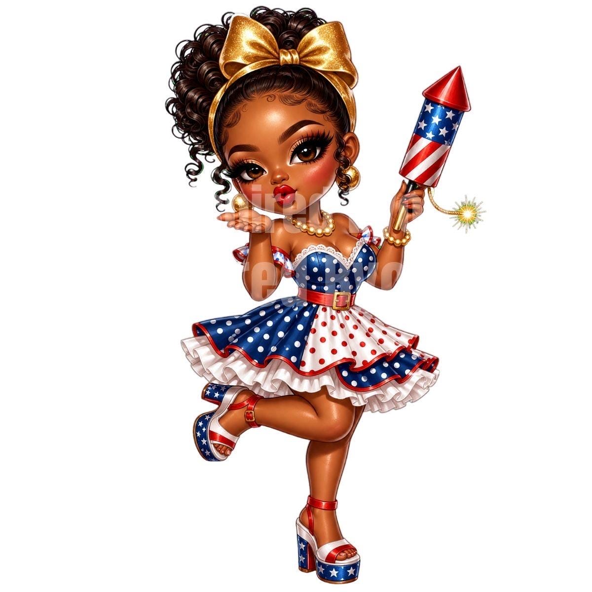 Fourth of July black girl chibi digital download