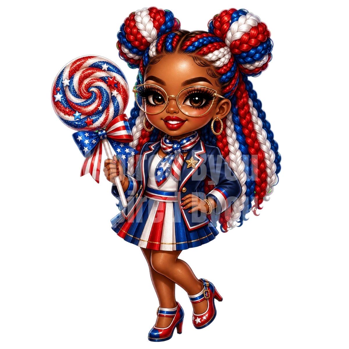 Fourth of July black girl chibi digital download