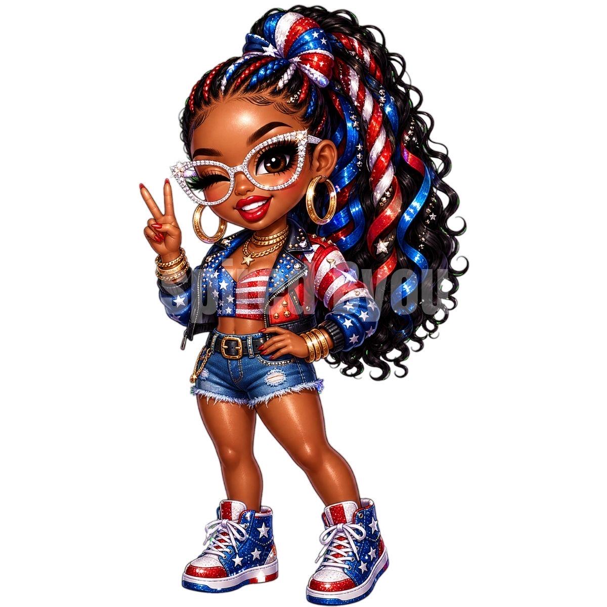 Fourth of July black girl chibi digital download