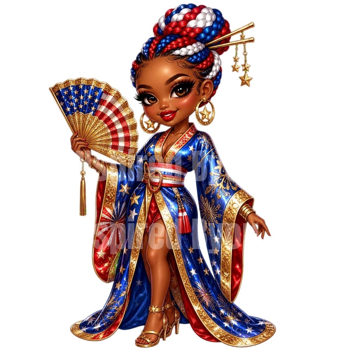 Fourth of July black girl chibi digital download