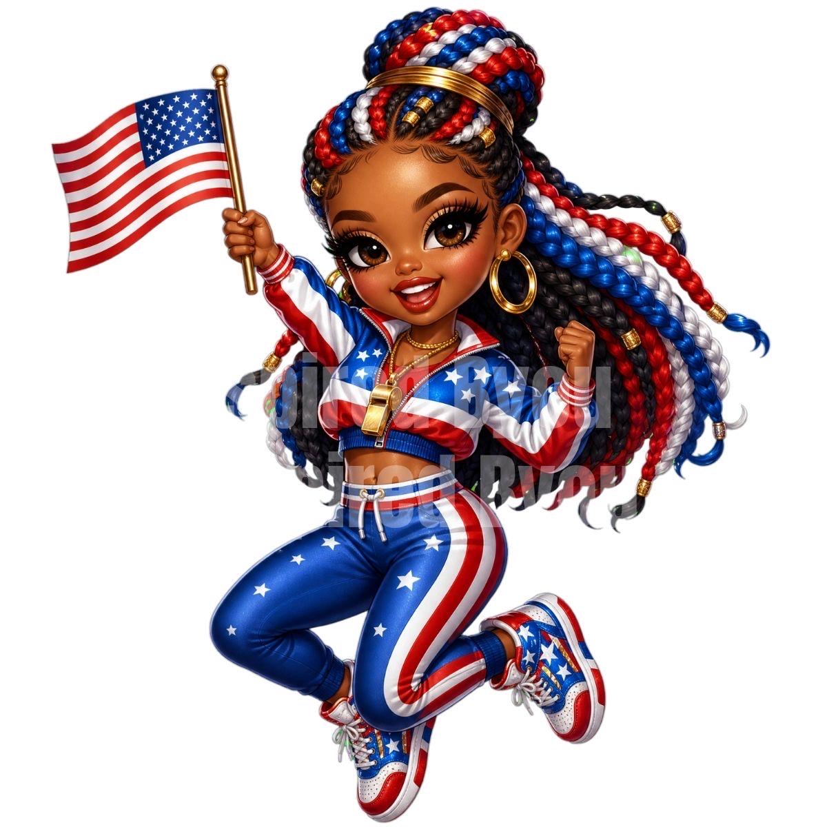 Fourth of July black girl chibi digital download
