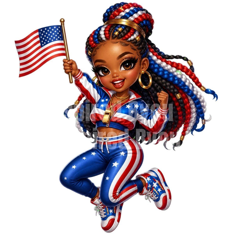 Fourth of July black girl chibi digital download