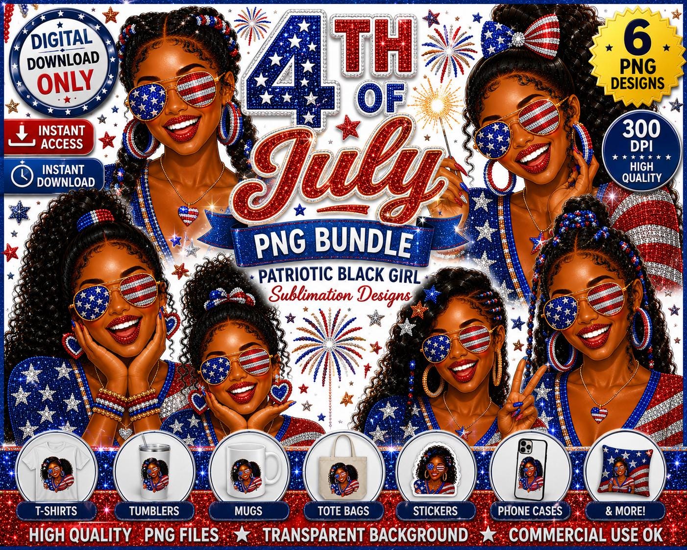 black girl Fourth of July faux bling digital download