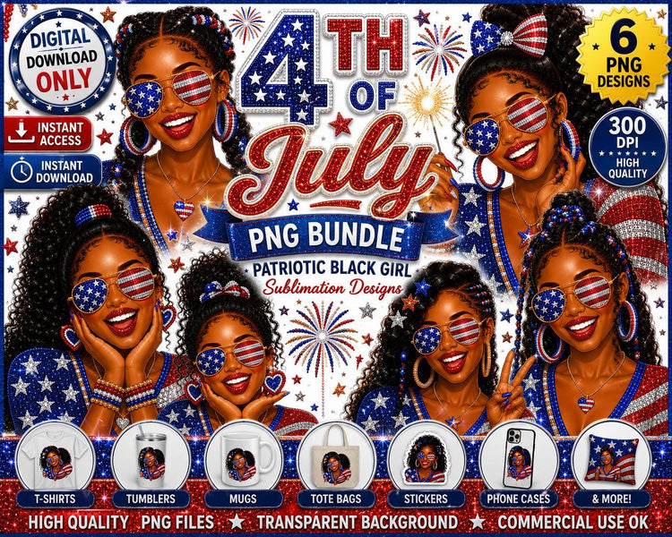 black girl Fourth of July faux bling digital download